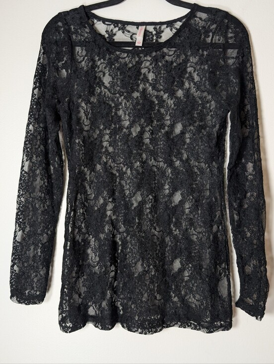 Xhilaration Tops - Xhilaration Black Sheer Floral Lace Long-Sleeve Top Women's Size L